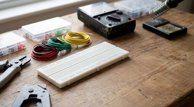 Solderless electronics breadboard on wooden workbench. Prototyping tools with wire spools, wire strippers and multimeter