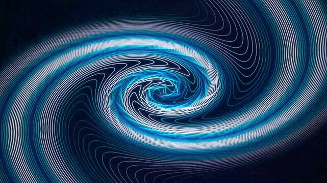 Abstract blue and white glowing vortex tunnel with swirling lines rotating into a deep center spiral motion hypnotic background digital swirl energy vortex futuristic tunnel