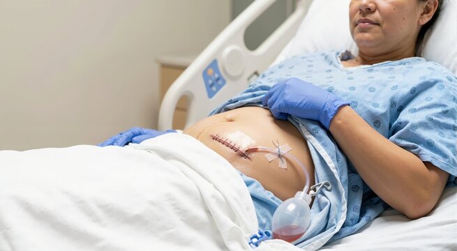 Surgical wound with sutures and drainage tube on patient abdomen. Post operative incision and surgical drain in hospital