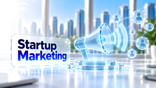 Startup marketing concept with digital megaphone and social media icons
