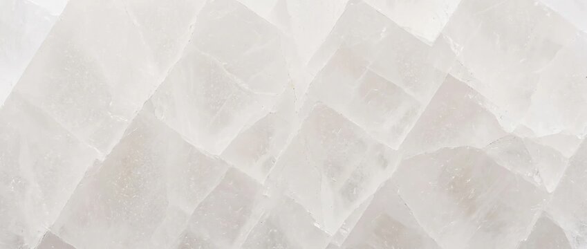 White calcite crystal texture. Translucent raw quartz gemstone surface with geometric fractures. Natural mineral stone background