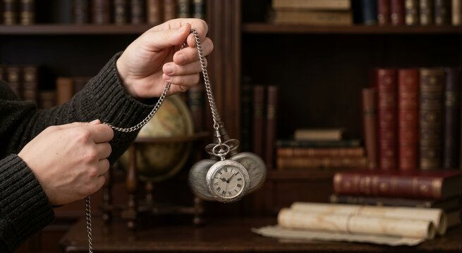 Hand swinging vintage pocket watch on chain for hypnosis. Hypnotherapist swinging timepiece in front of antique wooden library bookshelf
