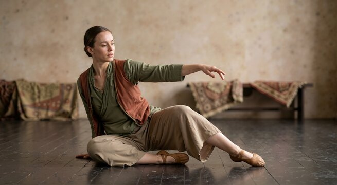 Modern dancer performing expressive floor work in a dance studio. Female contemporary artist in relaxed earth tone clothing
