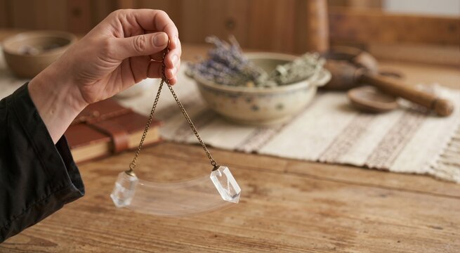 Hand holding swinging crystal pendulum over wooden table. Dowsing, divination, and esoteric healing concept