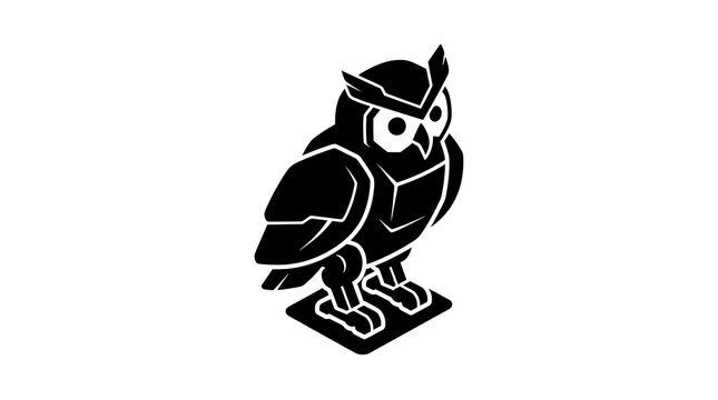Isometric solid mechanical owl silhouette icon representing artificial intelligence wisdom data analytics and smart system