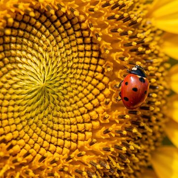 Macro ladybug walking on a vibrant sunflower blooming in summer