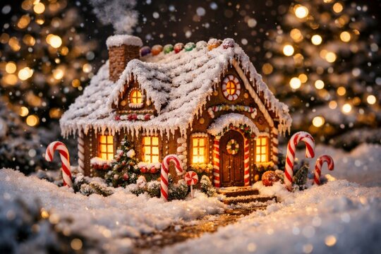 Illuminated gingerbread house christmas background with candy decorations for holiday card and festive seasonal display