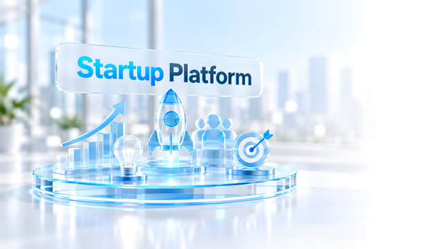 Startup platform concept. Digital business ecosystem with connected users, analytics and growth icons representing SaaS platform, entrepreneurship, business technology, digital transformation.