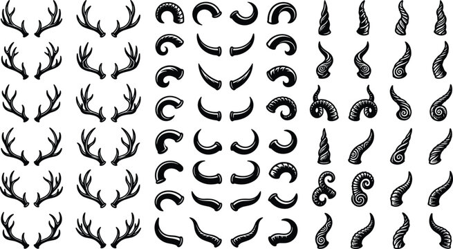 Animal horns and deer antlers silhouette vector set featuring hunting trophies devil spikes and fantasy creature elements