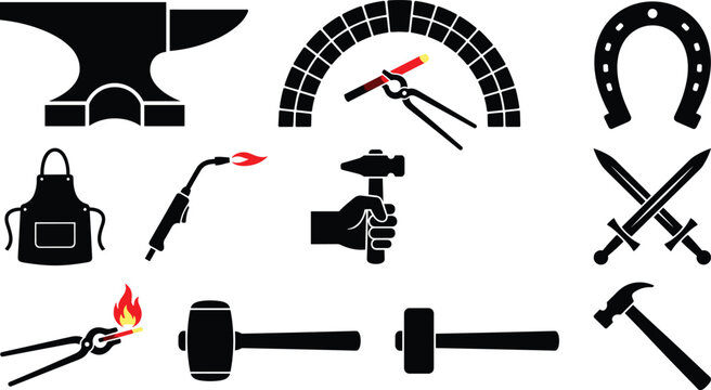 Blacksmith forge elements set with heavy anvil brick furnace burning metal tongs hammer blowtorch crossed swords silhouette