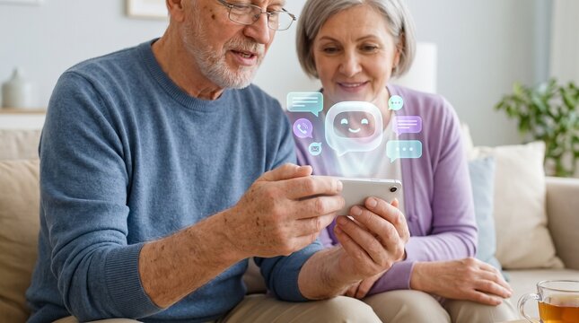 .Smiling senior couple using a smartphone with an AI chatbot virtual assistant hologram. Elderly people embracing modern smart technology, digital communication and support concept at home