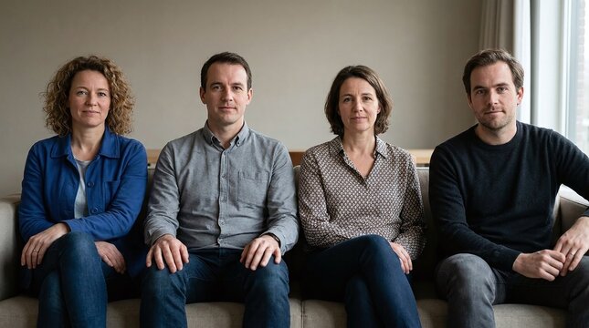 Four diverse adults sitting together on a sofa in a bright living room
