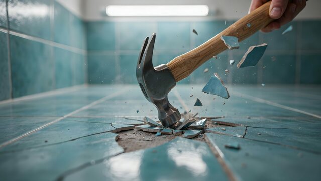 Man Using Hammer to Break Tile Floor in Bathroom Renovation or Repair