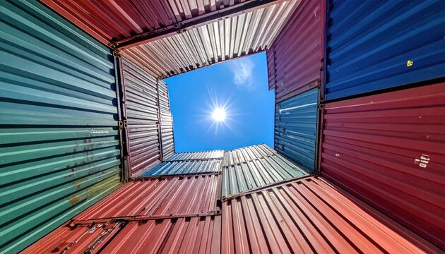 Looking Up Through Stacked Shipping Containers to a Bright Blue Sky with Sunburst
