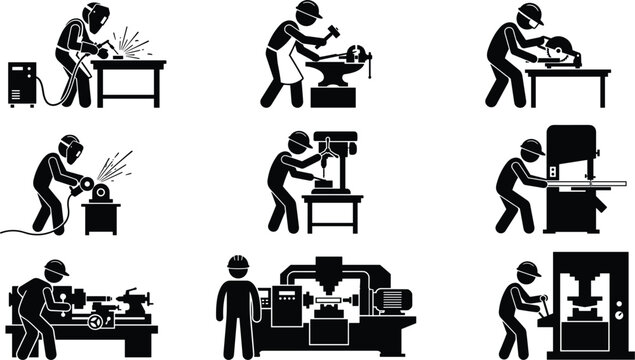 Industrial manufacturing workshop factory worker stick figure silhouette icon set welding machining grinding cutting metal industry vectors