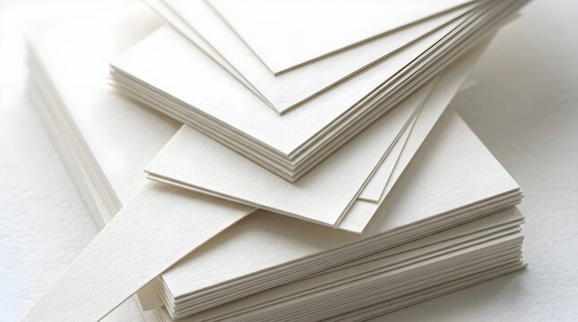Stack of thick white paper sheets with textured surface, closeup view of layered stationery material for art and design projects