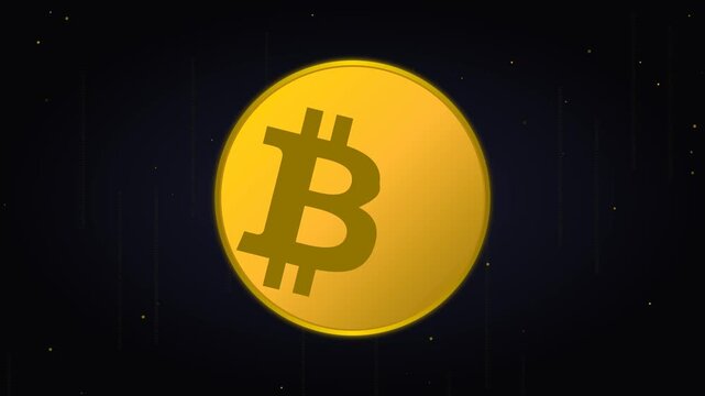 Golden Bitcoin Cryptocurrency Coin Rotating with Floating Digital Particles and Binary Code Overlay