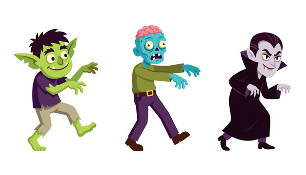 Cute Halloween monsters vector set featuring funny cartoon goblin walking zombie and vampire isolated on white background