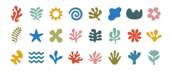 Fototapeta premium Abstract organic floral and coral shape icon set with colorful tropical boho flowers, leaves, waves and marine elements