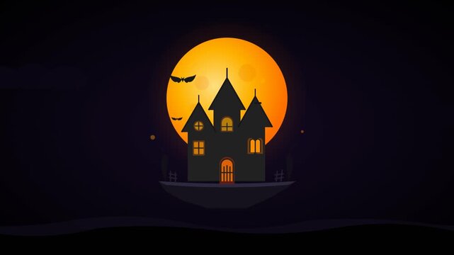 Spooky Haunted House Silhouette with Large Orange Full Moon and Bat in Night Sky for Halloween Theme Background Illustration