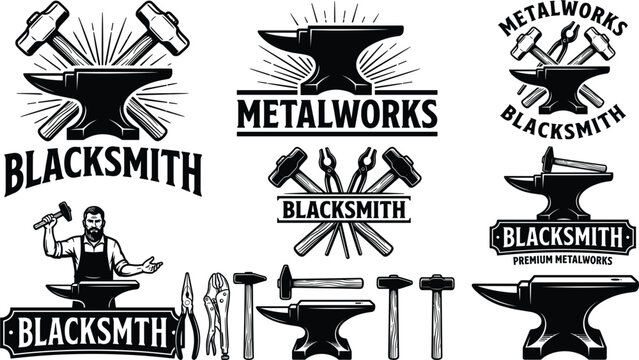Vintage blacksmith metalworks badge emblem label collection set featuring heavy iron anvil hammer tong forge worker vectors