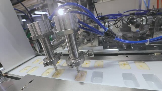 Plant for production of mayonnaise and white sauce. Filling mayonnaise into individual plastic containers on a filling line. Production of mayonnaise and thick white sauces.