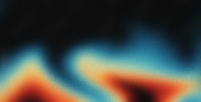 Vibrant rainbow, orange blue teal white psychedelic grainy gradient color flow wave on black background, music cover dance party poster design. Retro Colors from the 1970s 1980s, 70s, 80s, 90s style