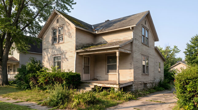 A run-down fixer upper house showing peeling paint, overgrown yard, and weathered siding in a suburban neighborhood