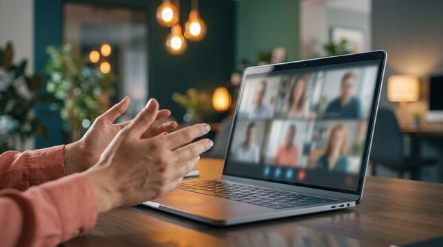 Person gesturing during a video conference call on a laptop