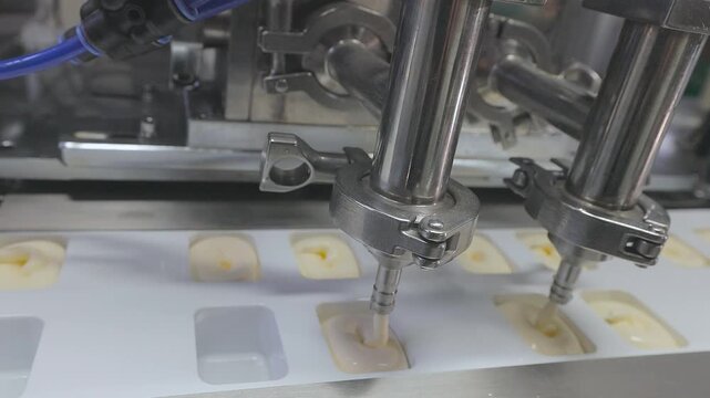 Filling mayonnaise into individual plastic containers on a filling line. Production of mayonnaise and thick white sauces. Plant for production of mayonnaise and sauce. 