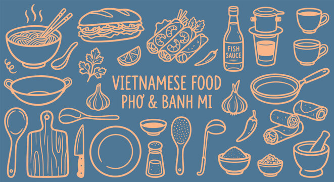 Vietnamese cuisine hand drawn doodle banners. pho noodle soup, banh mi, spring rolls, fish sauce. for Asian cafe menus. linear vector graphic artwork.