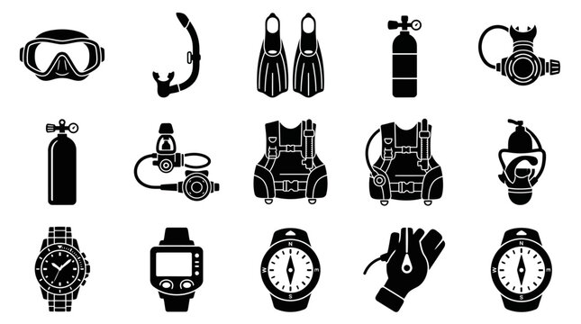 Scuba diving equipment icons set with mask snorkel fins tank regulator bcd computer and compass silhouette vector illustration