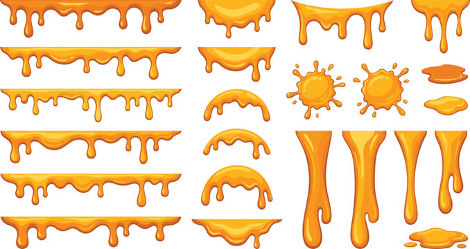 Dripping Honey and Melted Amber Liquid Set with Splashes and Borders Vector Graphic Designs