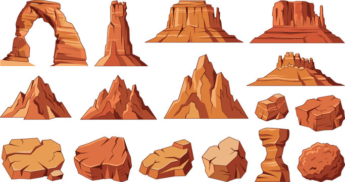 Desert Canyon Butte and Monument Valley Rock Arch Element Set for Wild West Landscape Vector Designs