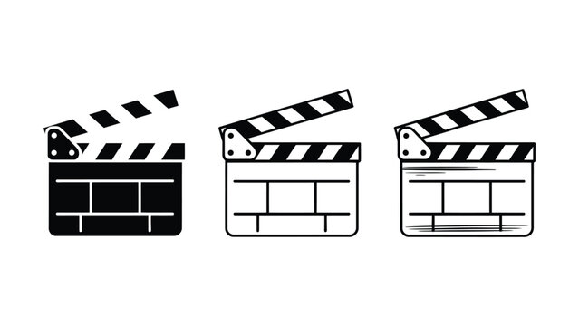 Solid and outline movie clapperboard icon set useful for film production, video editing and cinema UI vector