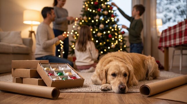Golden retriever lying near boxes of Christmas ornaments while a family decorates the tree behind, photographed in a realistic contemporary setting