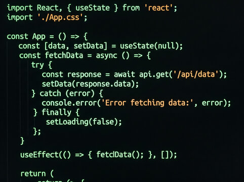 React JavaScript code editor dark terminal green syntax development programming background screen