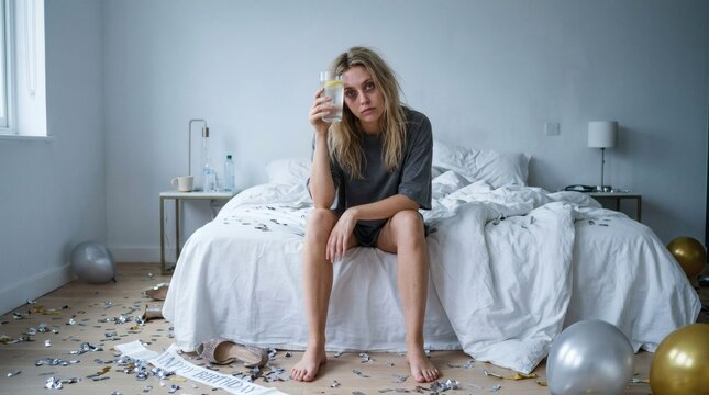 Woman sits on messy bed after party holding water glass