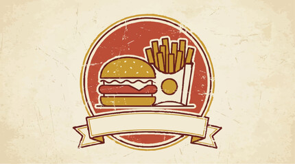 Vintage Style Illustration of a Classic Burger and French Fries Snack with Retro Design and Worn Texture © Umar