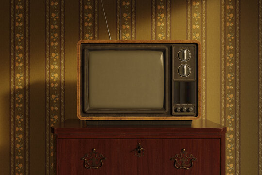 3D Rendering of an old television in front of a retro floral wall