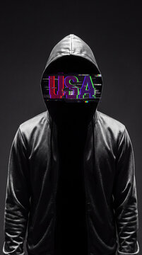 Anonymous Hacker in Hooded Jacket with Digital Glitch USA Text Screen Face for Cyber Security Concept