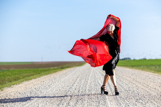 Elegant woman in a black dress and red scarf posing gracefully on a country road