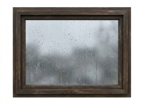 Wooden window frame with rain droplets, rainy weather concept