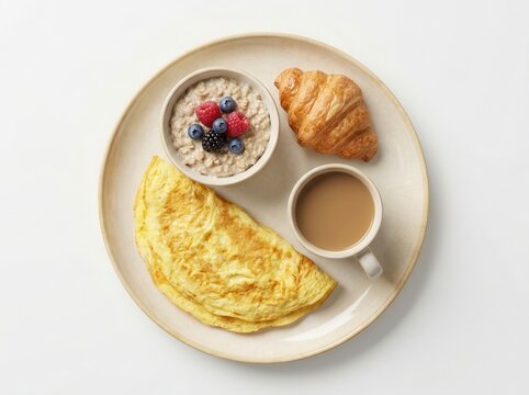 Handmade ceramic plate with breakfast setting, comfort breakfast concept