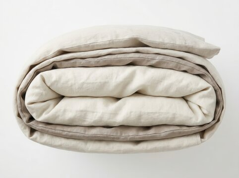 Neatly folded linen bedding with soft wrinkles, restful bedroom concept
