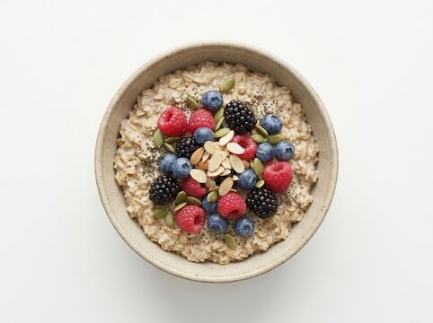 Oatmeal bowl with berries and seeds, healthy breakfast concept