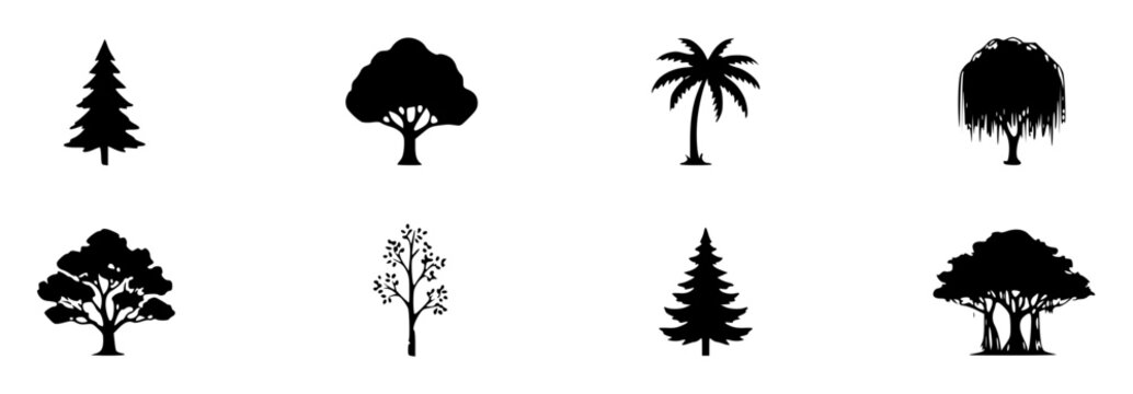 Collection of eight diverse tree silhouettes arranged in t A vi5IXEWpelQ3fkSVvJOg set with simple line art design featuring line art, illustrations, graphic resources with vector and design elements
