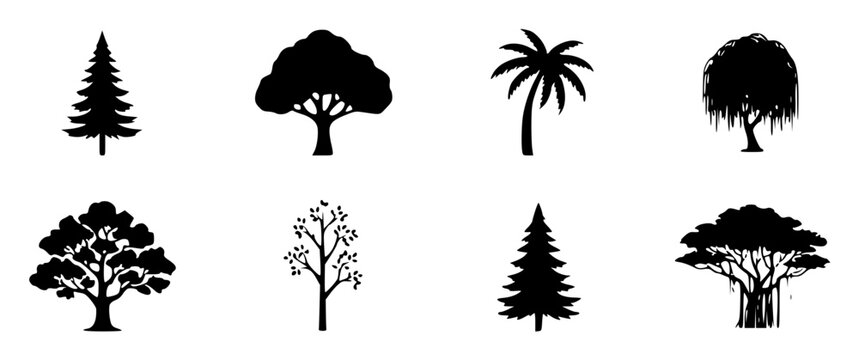 Collection of eight diverse tree silhouettes arranged in t kbAQNmGsVG 3hY0UIu GEw set with simple line art design featuring simple design, minimalist, black and white with illustrations and graphics