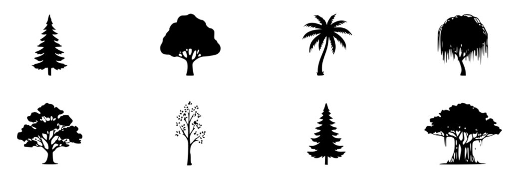 Collection of eight diverse tree silhouettes arranged in t wXb5exbiVEuKNE2vlC set with simple line art design featuring simple design, minimalist, black and white with illustrations and graphics