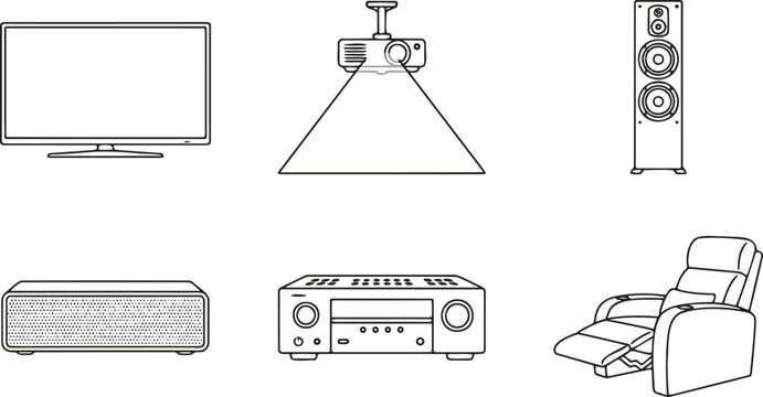 Home theater entertainment system vector icon set with flat screen tv video projector speaker tower av receiver amplifier and recliner line art symbols